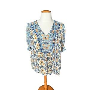 Rose + Olive Blue Paisley Floral Boho Peasant Top 1X Z20